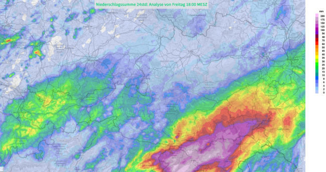 Očakávané množstvo zrážok do sobotnej 18. hodiny, zdroj: zamg.ac.at