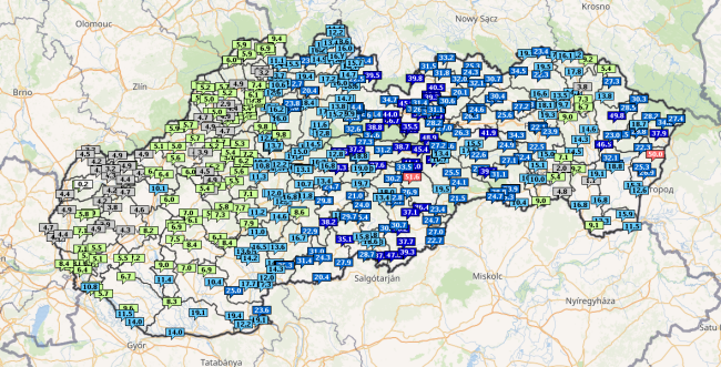 Úhrn zrážok za posledných 24 hodín, zdroj: SHMÚ