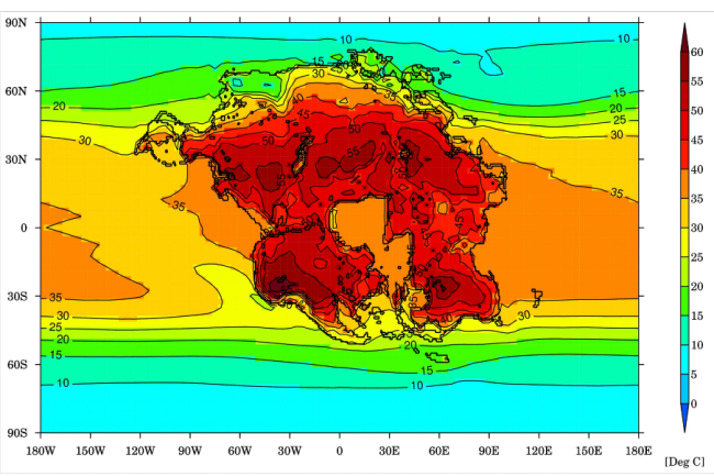 Priemerná teplota vzduchu na superkontinente Pangea Proxima. Zdroj: Nature GeoScience