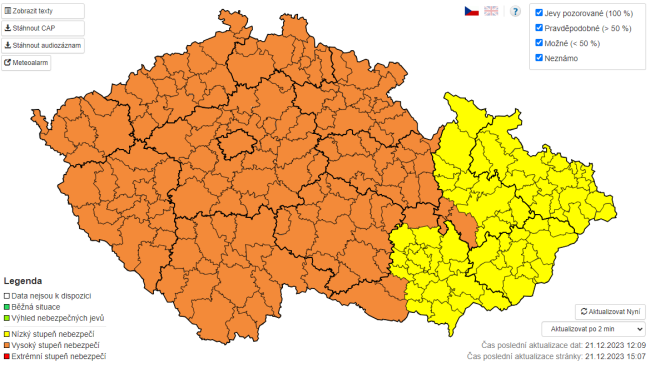 očakávané poryvy vetra v Česku, zdroj: ČHMÚ