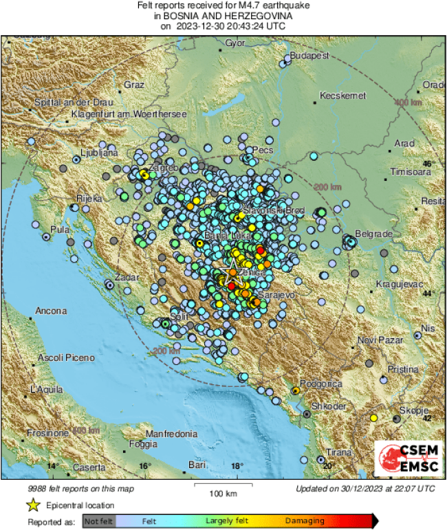 epicentrum zemetrasenia a miesta, kde ľudia zemetrasenie pocítili, zdroj: EMSC
