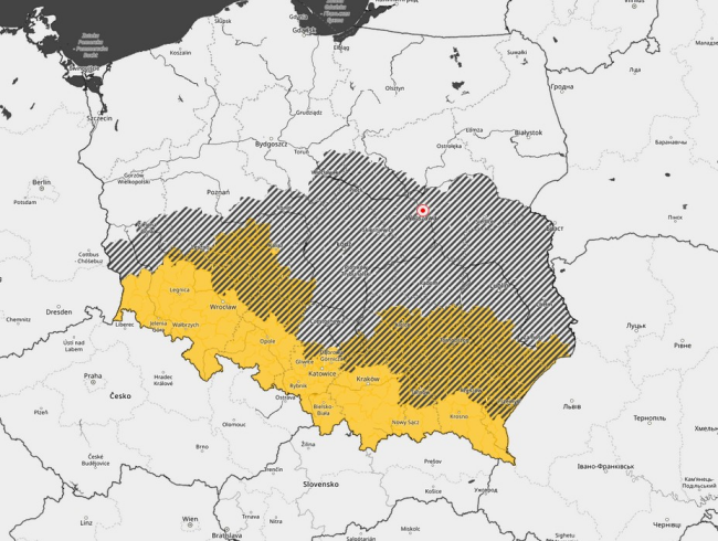 Vydané výstrahy pred vetrom v Poľsku, zdroj: meteo.imgw.pl