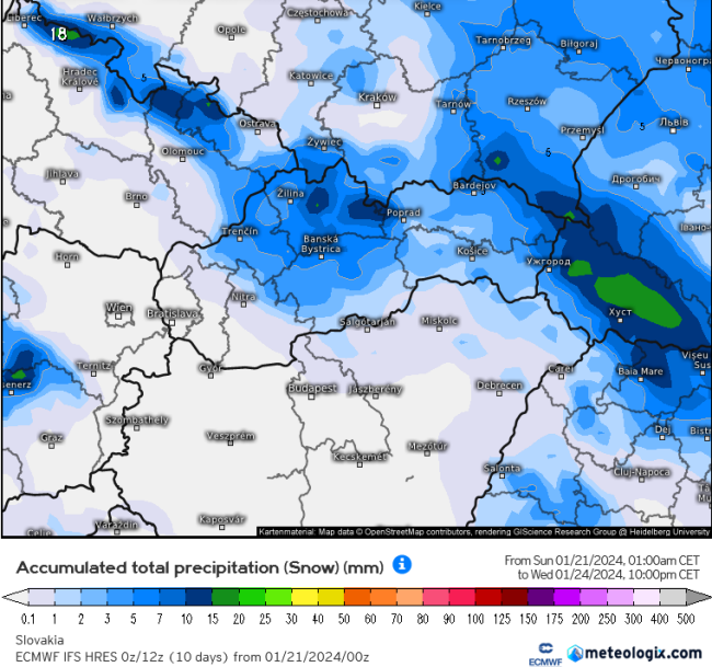 Celkové množstvo snehu, ktoré na Slovensku spadne do stredy 24. januára, zdroj: meteologix.com