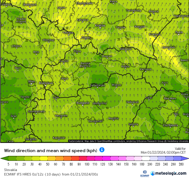 Očakávaná priemerná rýchlosť vetra (v km/h) v pondelok popoludní, zdroj: meteologix.com