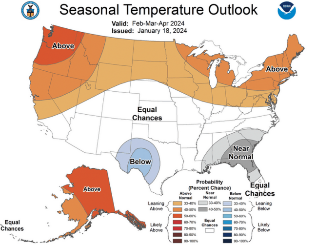 Predpoveď teplotných anomálií v USA v období od marca do mája 2024, zdroj: NWS/NOAA