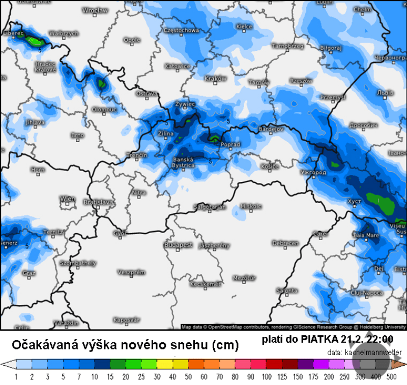 Očakávaná výška nového snehu do piatka