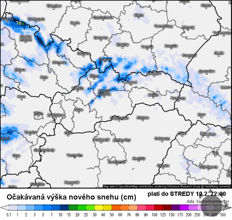 Očakávaná výška nového snehu do stredy