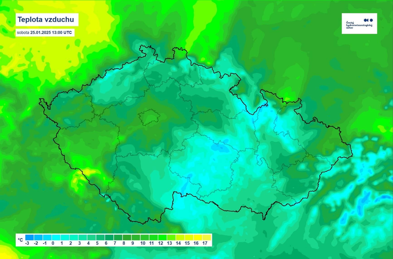 Teplota vzduchu v sobotu popoludní, zdroj: chmi.cz