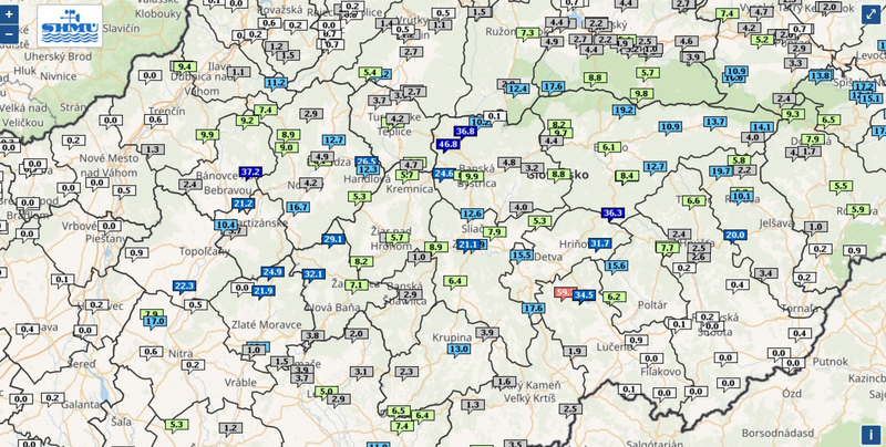 zaznamenané zrážky za 24 hodín, zdroj: SHMÚ