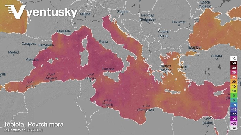 Stredozemné more je mimoriadne teplé, zdroj: ventusky.com