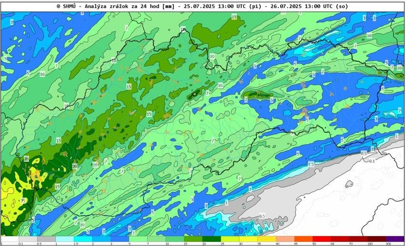 zaznamenané zrážky za uplynulých 24 hodín, zdroj: SHMÚ