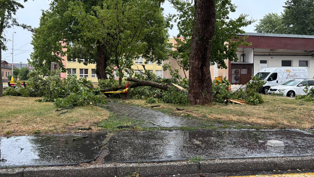 FOTO: Rimavskou Sobotou sa prehnala silná búrka. Vietor lámal stromy, kontajnery lietali po uliciach