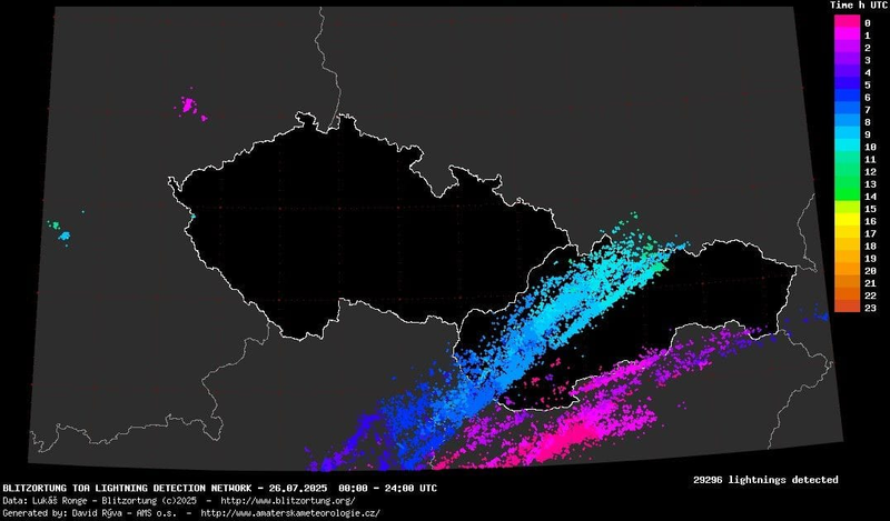 Zaznamenané blesky, zdroj: blesky.bourky.cz