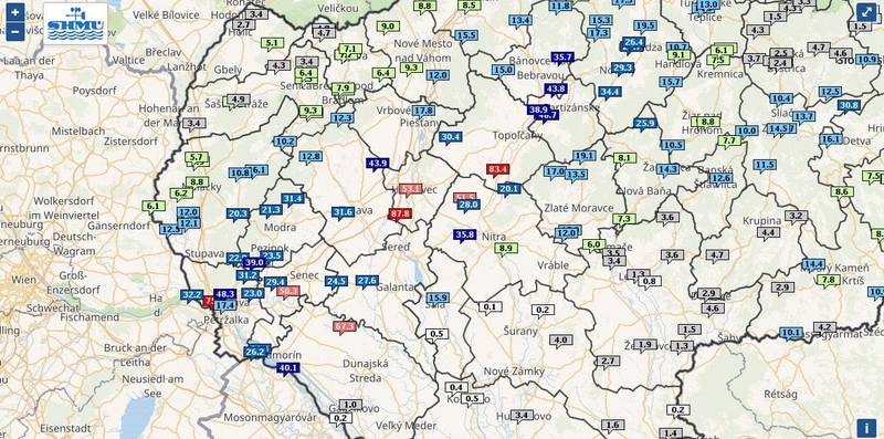 zrážky za uplynulých 6 hodín, zdroj: SHMÚ