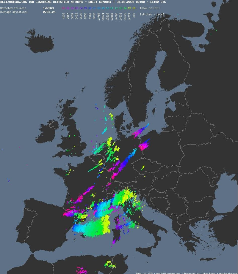 zaznamenané blesky, zdroj: blesky.bourky.cz