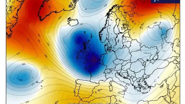 Na západe vzniká silná víchrica. Tlak prudko klesá, môže sa vyvinúť aj bombogenéza