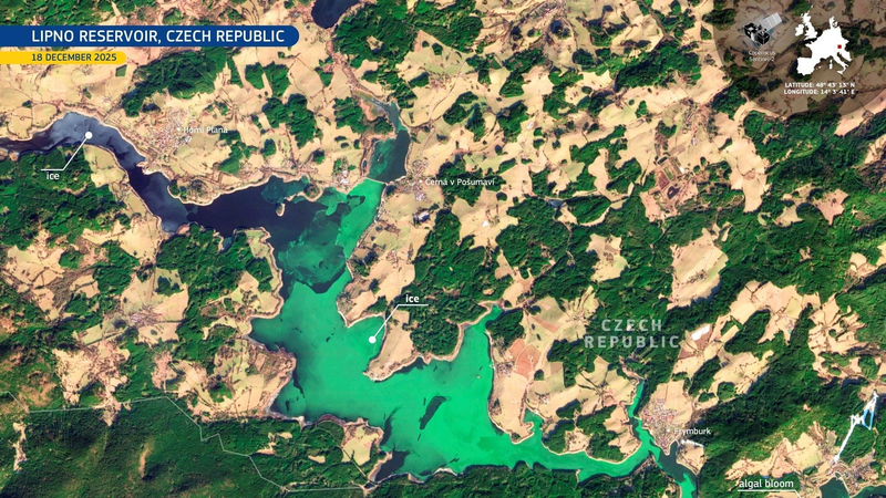 Zelený ľad na Lipne, zdroj: European Union, Copernicus Sentinel-2 imagery