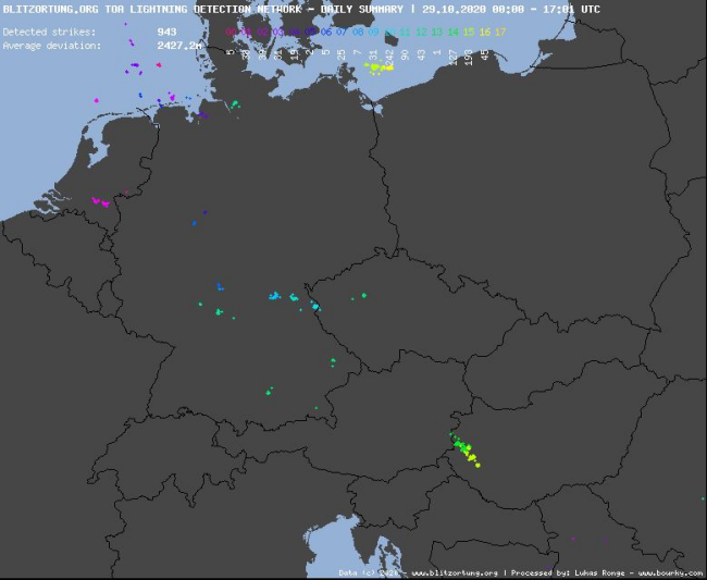 záznam z dnešnej detekcie bleskov, zdroj: blesky.bourky.cz