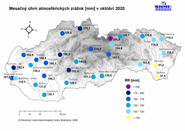 Mesačný úhrn zrážok v októbri 2020, Foto: shmu.sk