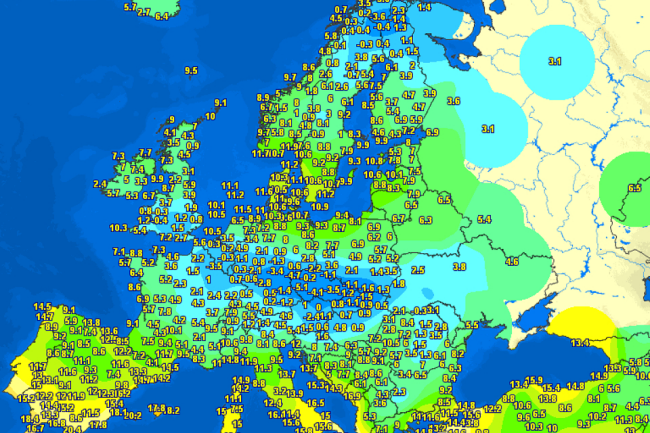 Nočné teploty zo 6. novembra naprieč Európou, Foto: meteociel.fr