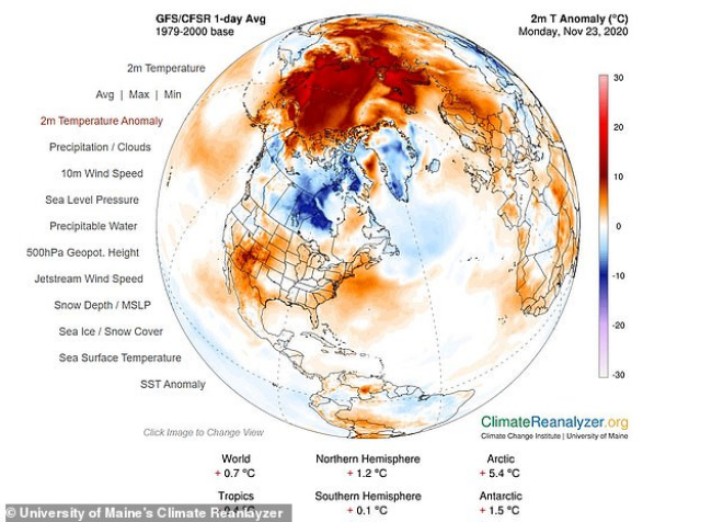Teplotné anomálie z pondelka 23. novembra. Zdroj: Climate Raenalyzer