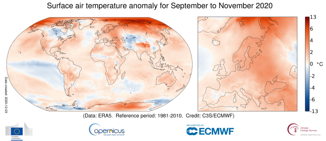 Anomálie teploty povrchového vzduchu za september až november 2020. Zdroj: Copernicus