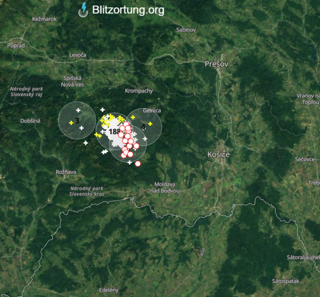 aktuálne blesky, zdroj: blitzortung