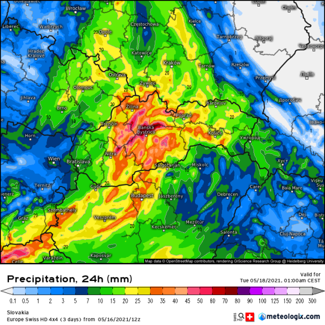 Očakávaný úhrn zrážok za pondelok, zdroj: Meteologix
