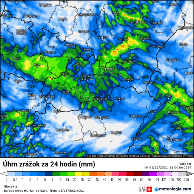 Očakávany úhrn zrážok v piatok, zdroj: Meteologix