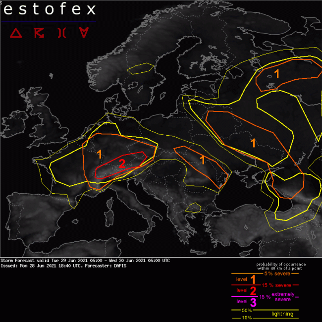 Predpoveď búrok podľa služby ESTOFEX, zdroj: Estofex.org