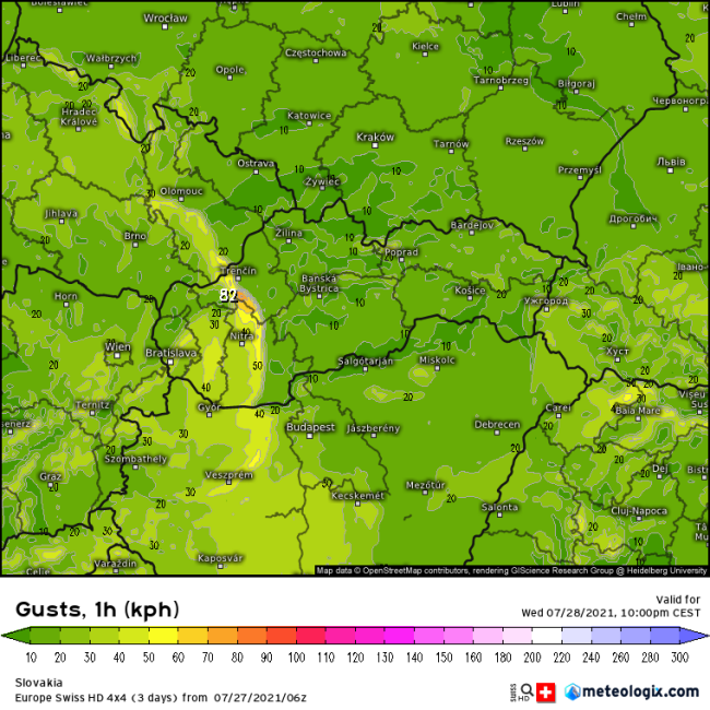 Očakávané maximálne nárazy vetra pri prechode búrky v stredu večer, zdroj: Meteologix