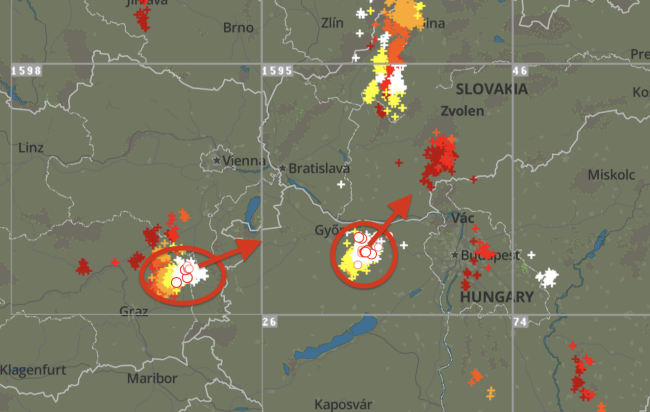 Poloha superciel a ich predpokladaný postup, Detekcia bleskov siete Blitzortung.org