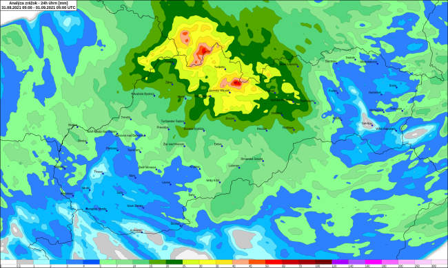 Množstvo zrážok zaznamenaných medzi 31. augustom 07:00 h až 1. septembrom 07:00 h, zdroj: shmu.sk