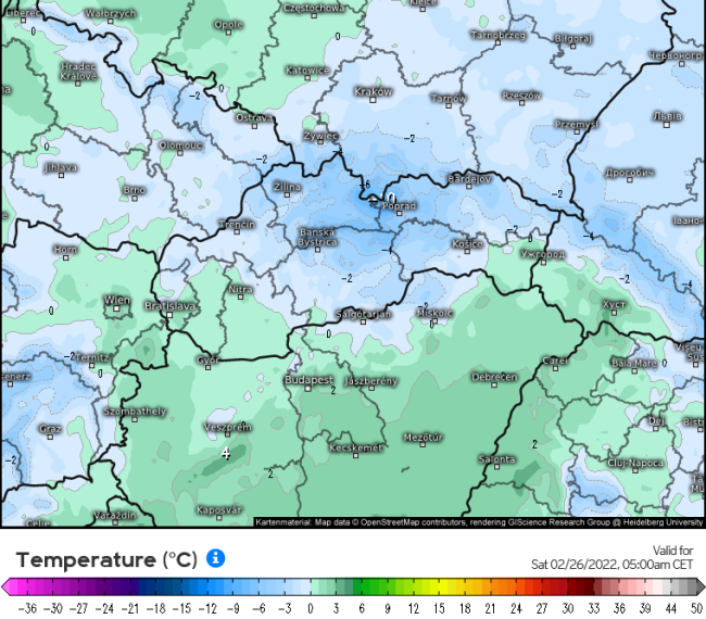 Nočné teploty z piatka na sobotu 26. februára, zdroj: meteologix.com