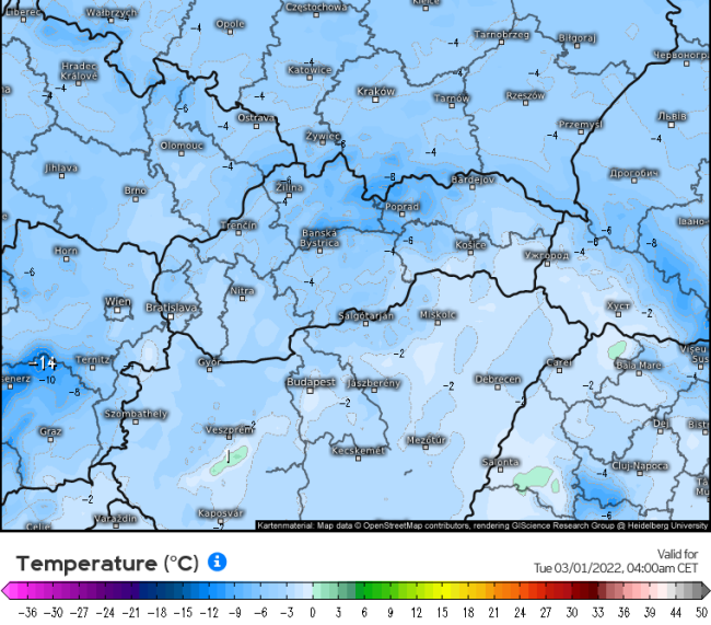 Nočné teploty z pondelka na utorok 1. marca, zdroj: meteologix.com