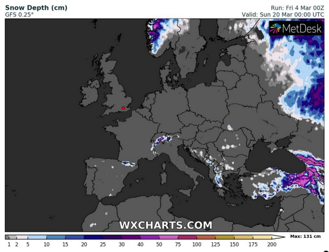 Predpokladané množstvo snehu na 20. marca, zdroj: wxcharts.com