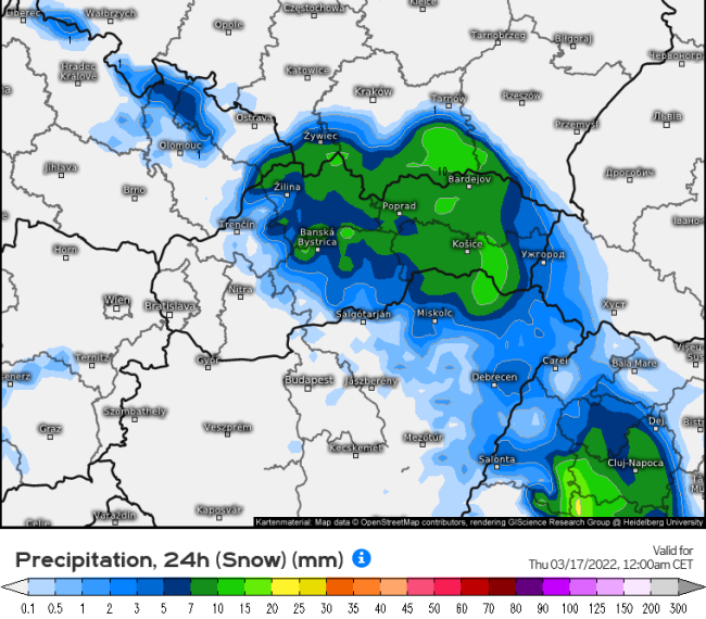 Očakávaný úhrn snehu za dnešný deň, zdroj: meteologix.com