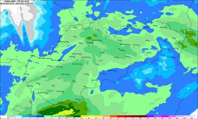 Množstvo zrážok na Slovensku za 24 hodín od 08. 04. 2022 09:00 h do 09. 04. 2022 09:00 h, zdroj: shmu.sk