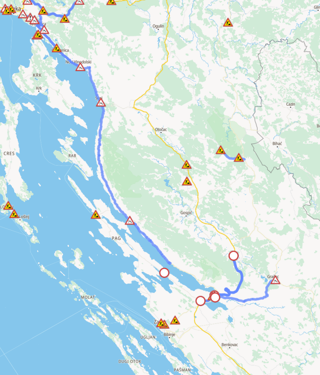 čiastočne uzatvorená je Jadranská magistrála a časť diaľnice A1, zdroj: HAK.hr