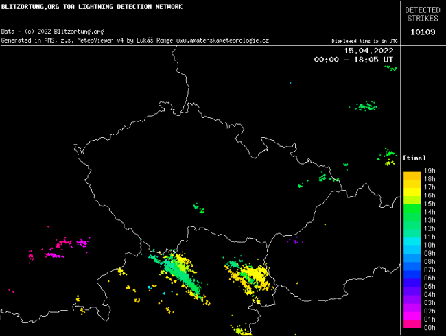 dnes zaznamenané blesky, zdroj: blesky.bourky.cz