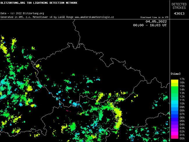 zaznamenané blesky, zdroj: blesky.bourky.cz