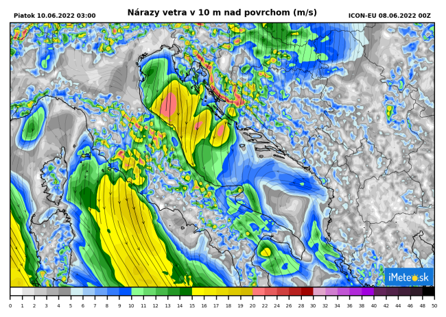 Sila vetra v m/s. Zdroj: iMeteo