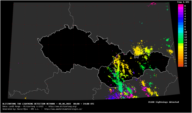 dnešné zaznamenané blesky, zdroj: blesky.bourky.cz