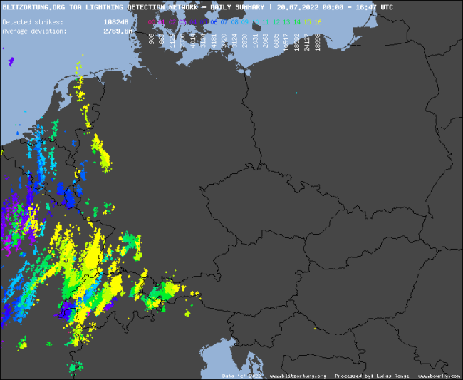 dnes zaznamenané blesky, zdroj: blesky.bourky.cz