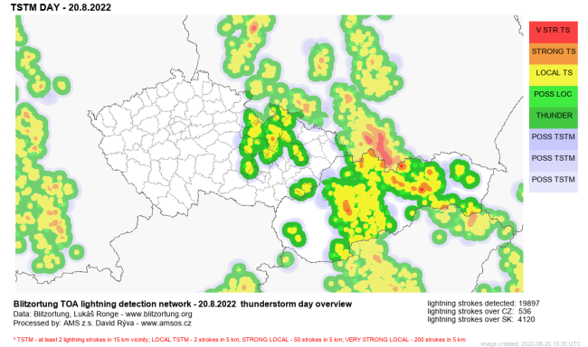 Výskyt búrok v priebehu dnešného dňa, zdroj: blesky.bourky.cz