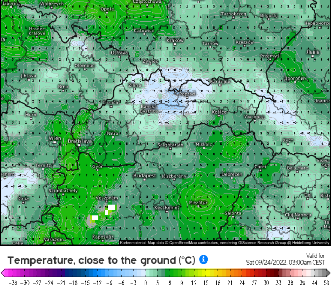 Teplota pri zemi v sobotu 24. septembra o 03:00 h, zdroj: meteologix.com