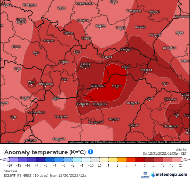 Odchýlka sobotných teplôt od dlhodobého priemeru, zdroj: meteologix.com