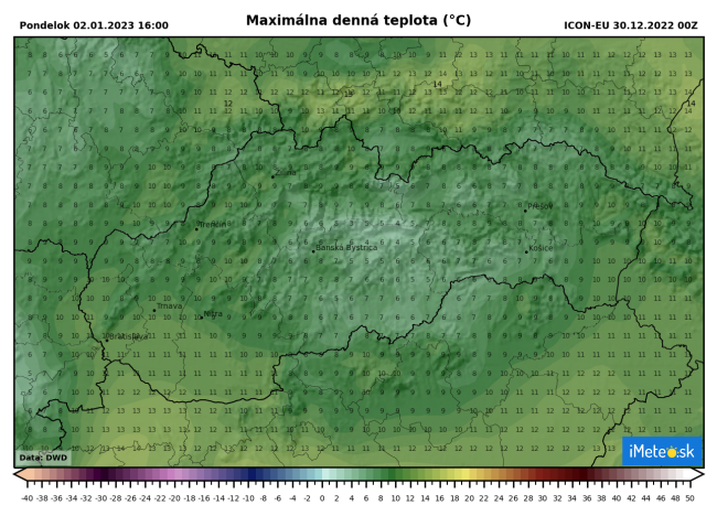 Pondelkové maximálne denné teploty, zdroj: meteologix.com