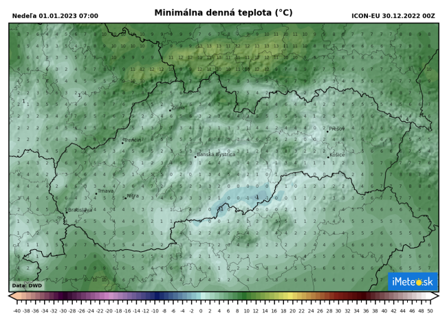Nočné minimá z 31. 12. na 1. 1., zdroj: imeteo.sk